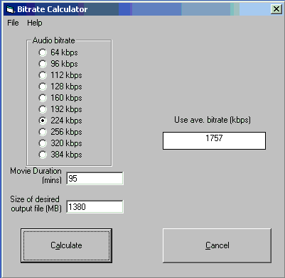Bitrate Calculator Screenshot